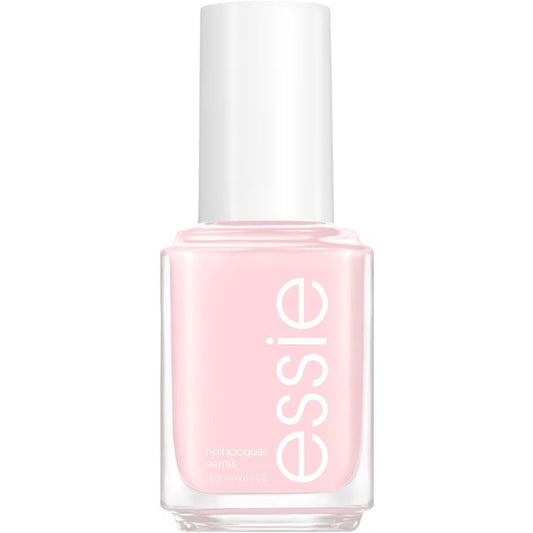 Essie nail polish bottle with light pink polish and white cap on a white background
