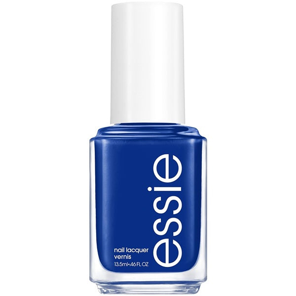 Essie blue nail polish bottle with white cap on a white background