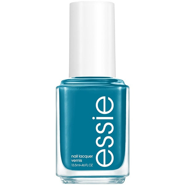 Essie teal blue nail polish bottle with white cap on a white background