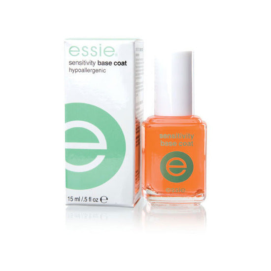 Essie Sensitivity Base Coat hypoallergenic base coat shown next to its white and green packaging box on a white reflective surface.