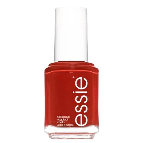 Essie  warm red nail polish bottle with white cap on a white background.
