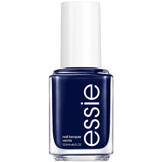 Essie dark blue nail polish bottle with white cap on a white background