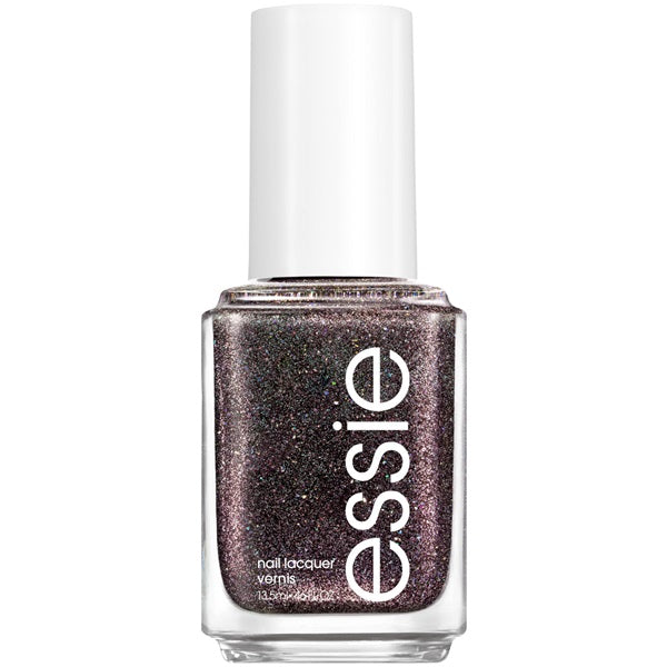A bottle of Essie nail polish in a deep chocolate maroon color with a white cap.