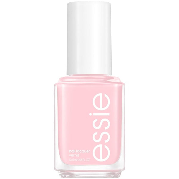 Essie nail polish bottle with pink polish on a white background