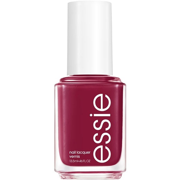 Essie purple/red nail polish bottle with a white cap on a white background