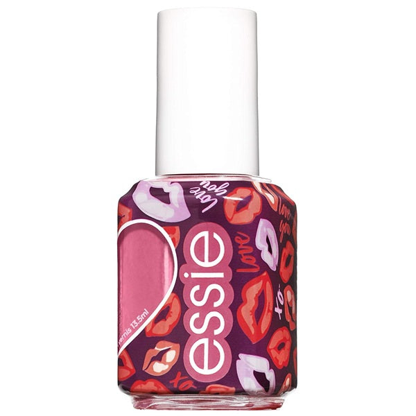 Essie rosy pink nail polish bottle with white cap.