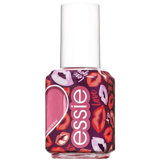 Essie rosy pink nail polish bottle with white cap.