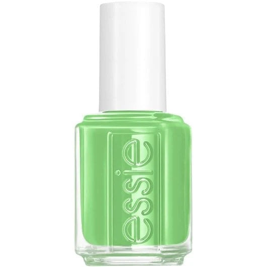 A bottle of Essie nail polish in a bright lime green color with yellow and green undertones.