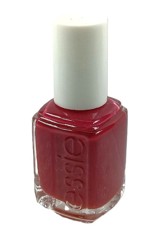 A bottle of Essie nail polish in a medium to deep red creme color, with a white cap.