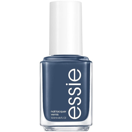 Essie indigo blue nail polish bottle on a white background