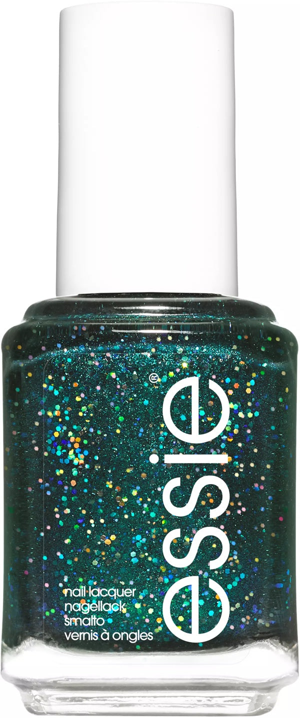Essie green glitter nail polish bottle with white cap.