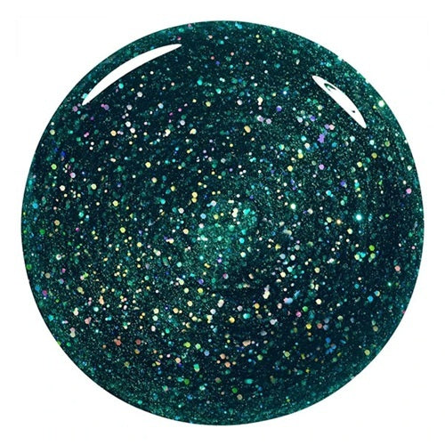 Green glitter nail polish swatch on a white background