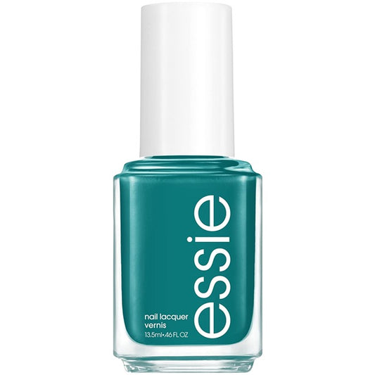 essie teal green nail polish bottle with white cap on a white background