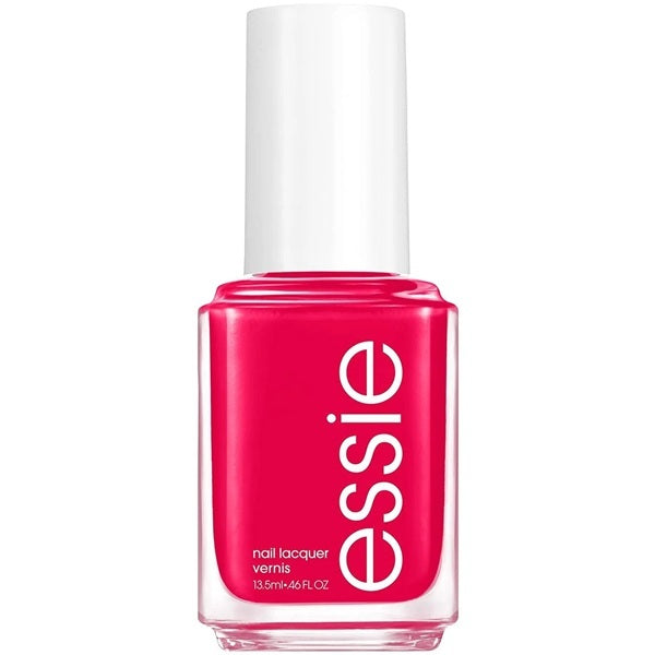 Essie bright pink/red nail polish bottle with white cap.