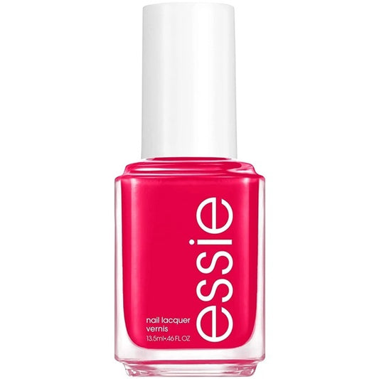 Essie bright pink/red nail polish bottle with white cap.