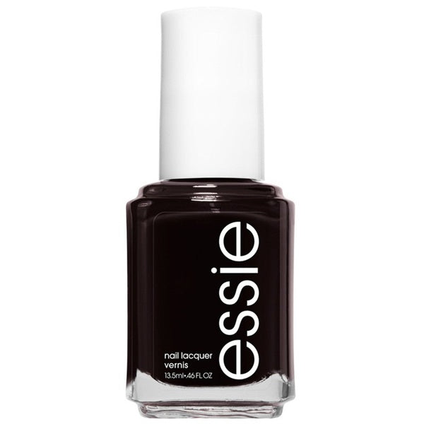 Essie dark red/burgundy nail polish bottle with white cap.