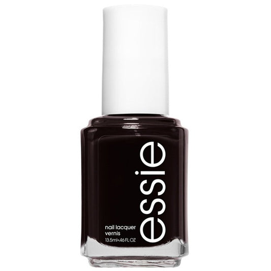 Essie dark red/burgundy nail polish bottle with white cap.