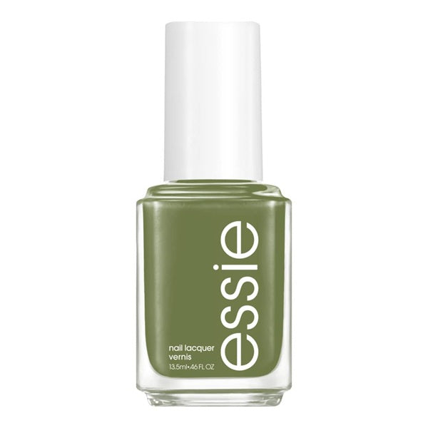 Essie olive green nail polish bottle with white cap.