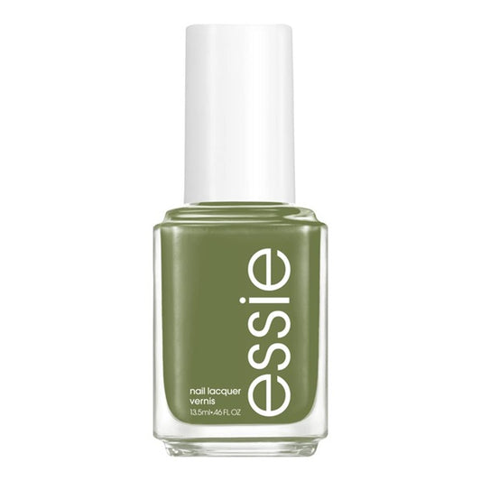 Essie olive green nail polish bottle with white cap.
