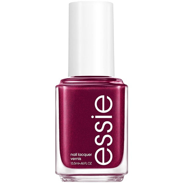 Essie burgundy shimmer nail polish bottle with white cap.