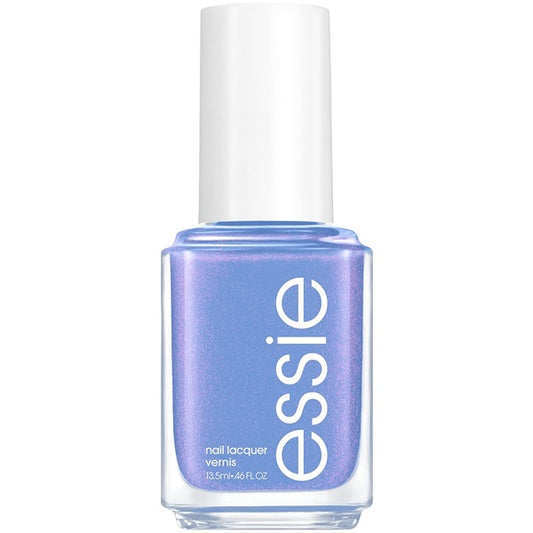 Essie periwinkle blue shimmer nail polish with white cap.