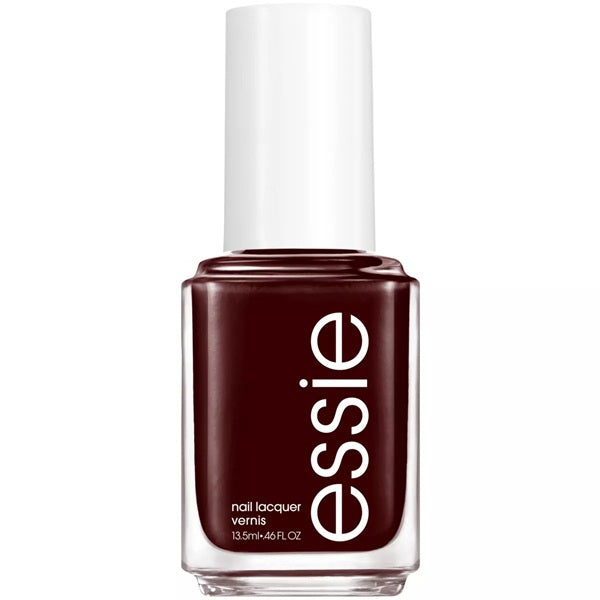 Essie nail polish bottle with a dark brown color on a white background