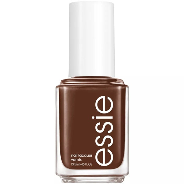 Essie brown nail polish with white background.