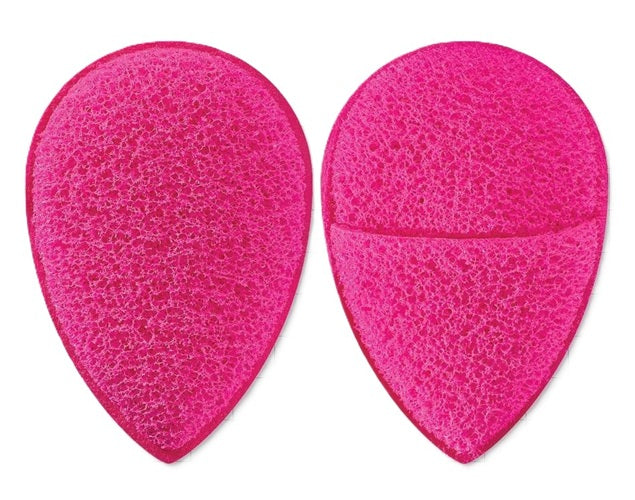 Pink exfoliating sponge front and back on a white background