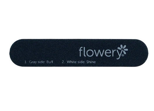 Nail file with 'flowery' branding on a white background
