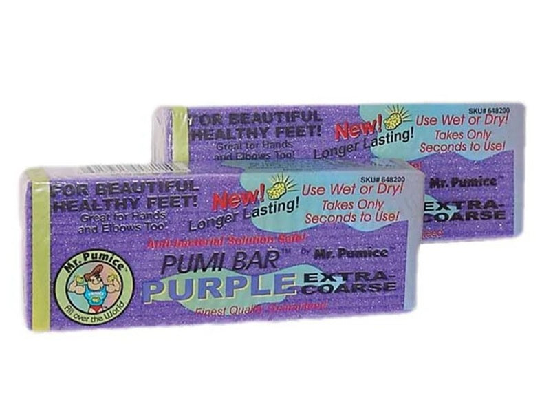 Two purple extra coarse pumice bars with packaging on a white background