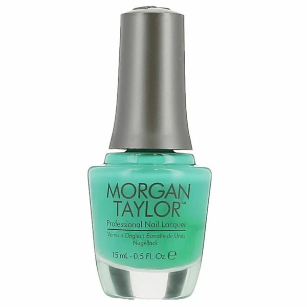 A bottle of Morgan Taylor professional nail lacquer in a green-toned turquoise color, labeled 'Going Native 123', with a black cap.