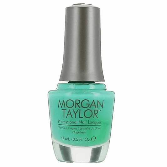 A bottle of Morgan Taylor professional nail lacquer in a green-toned turquoise color, labeled 'Going Native 123', with a black cap.