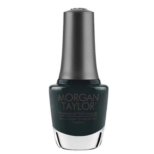 A bottle of Morgan Taylor nail polish in a dark green color with subtle blue undertones.