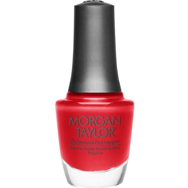 A bottle of Morgan Taylor Nail Polish in a bright cherry red color, with a black cap and branding label.