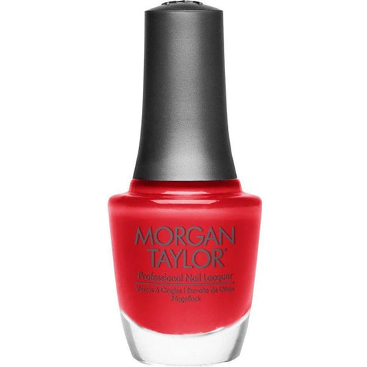 A bottle of Morgan Taylor Nail Polish in a bright cherry red color, with a black cap and branding label.