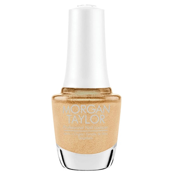 Nail polish bottle with white cap and gold body on a white background