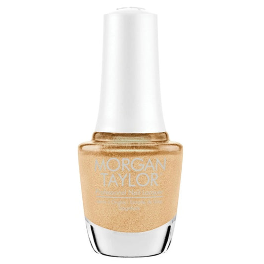 Nail polish bottle with white cap and gold body on a white background