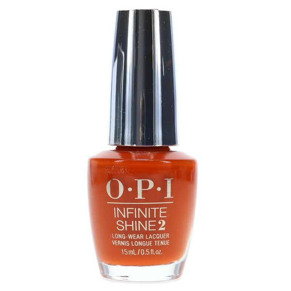 OPI Infinite Shine deep orange nail polish bottle on a white background