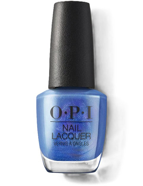 Blue nail polish bottle with black cap on a white background