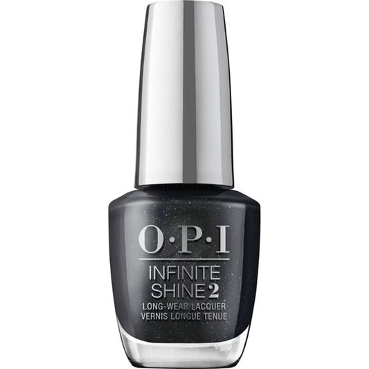 OPI Infinite Shine black/dark gray nail polish bottle on a white background