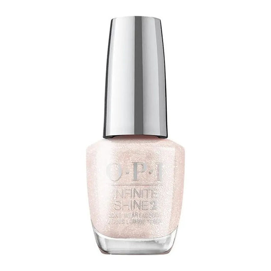 OPI off-white shimmer nail polish bottle with silver cap on a white background.