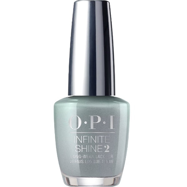 OPI Infinite Shine gray shimmer nail polish bottle with silver cap on a white background