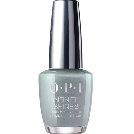 OPI Infinite Shine gray shimmer nail polish bottle with silver cap on a white background