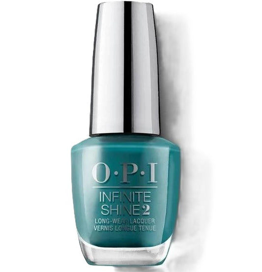 OPI Infinite Shine teal green nail polish bottle with silver cap on a white background