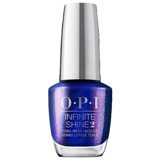 OPI Infinite Shine nail polish bottle with blue shimmer color on a white background