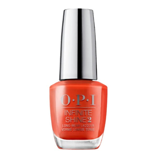 OPI nail polish bottle with orange/red color on a white background