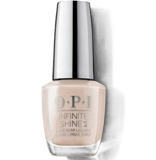 OPI Infinite Shine beige nail polish bottle with silver cap on a white background