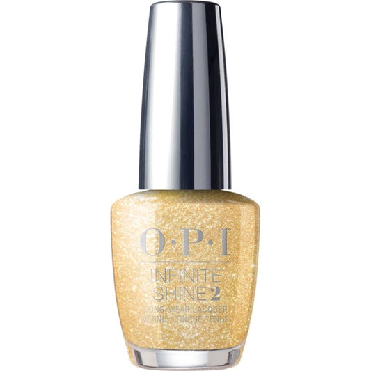 OPI Infinite Shine gold shimmer nail polish bottle with silver cap on a white background