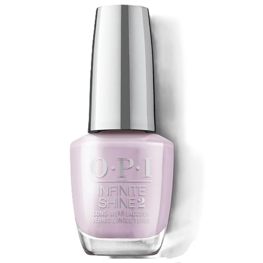 OPI Infinite Shine lilac pink nail polish bottle with a silver cap on a white background