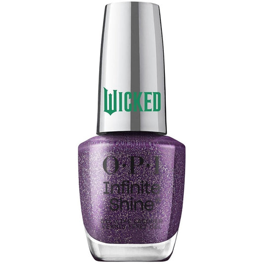 A bottle of OPI Infinite Shine Lacquer nail polish in a deep purple color with golden shimmer, named Head Shiztress HRR14.